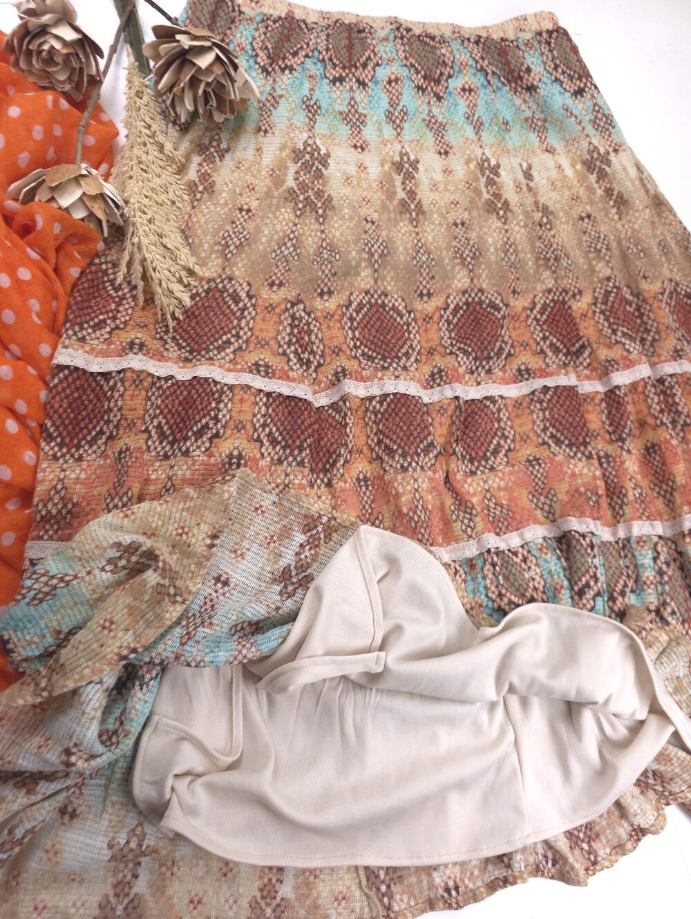 Bohemian Animal-Print Maxi Skirt in Tan & Turquoise Sz XL Cotton